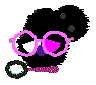 An image of UV II, a BirdWorm, in Petz. She is a black worm-like creature with one white and one magenta eye, with black spots on her body, wearing pink circular glasses and carrying a black and pink magnifying glass.